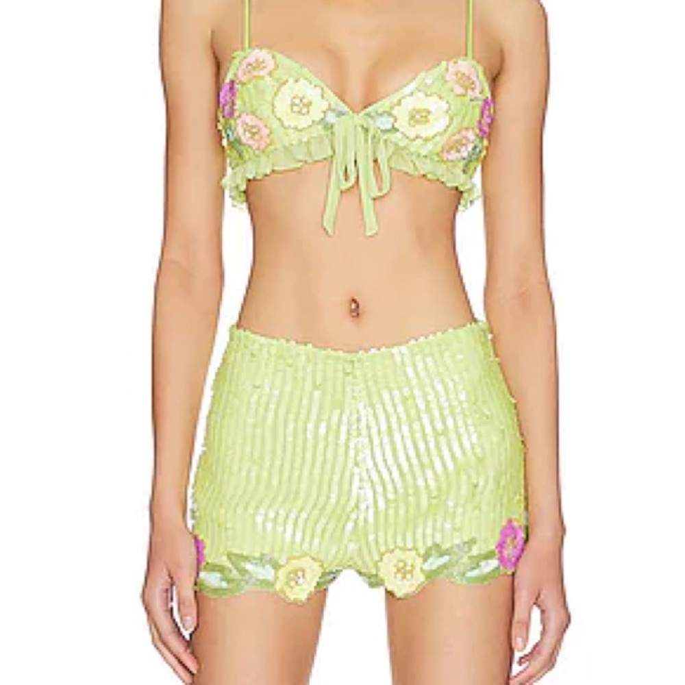Majorelle Cal Sequin Floral Green Shorts